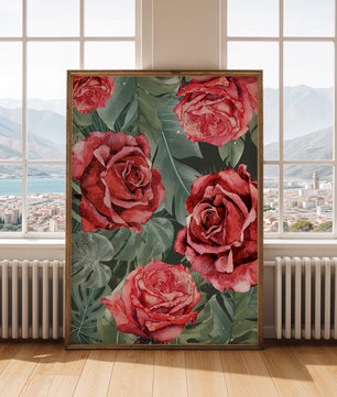 Red roses and green foliage pattern in watercolor style