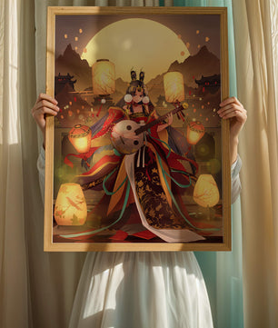 Elegant musician with traditional attire under lanterns and mountains