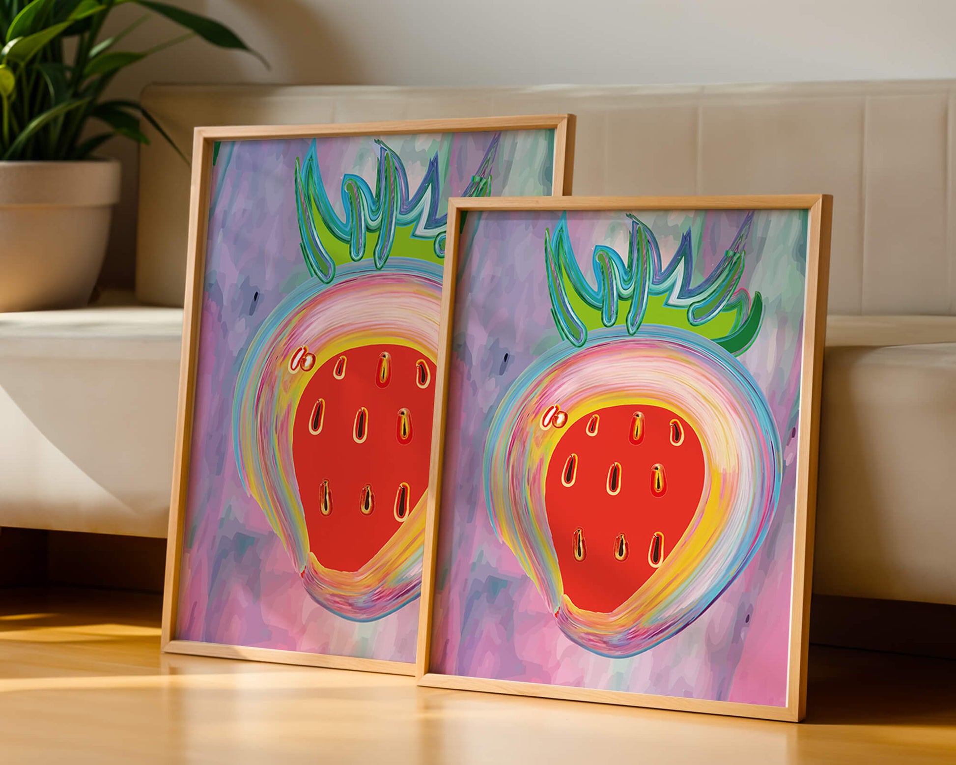 Colorful abstract strawberry with vibrant brush strokes