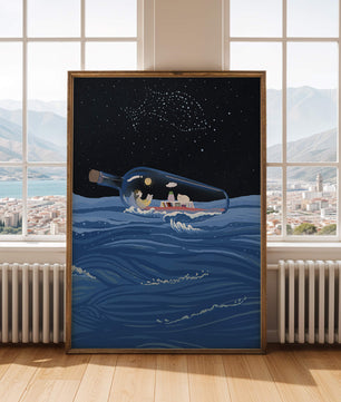 Surreal illustration of a bottle on the ocean with a starry night sky