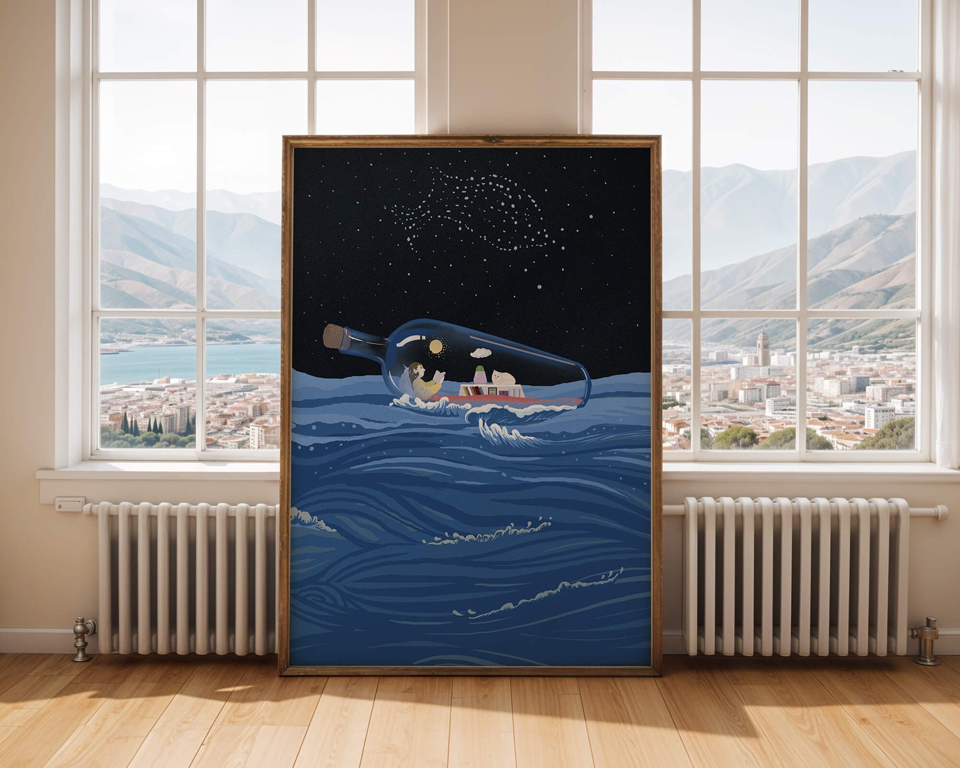Surreal illustration of a bottle on the ocean with a starry night sky