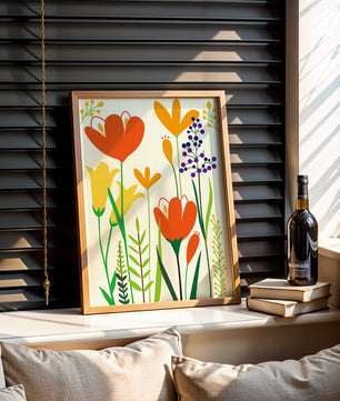 Bright Floral Illustration with Orange, Yellow, and Purple Flowers in Bold Colors