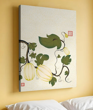 Illustration botanique élégante de melons et de vignes sur un fond texturé