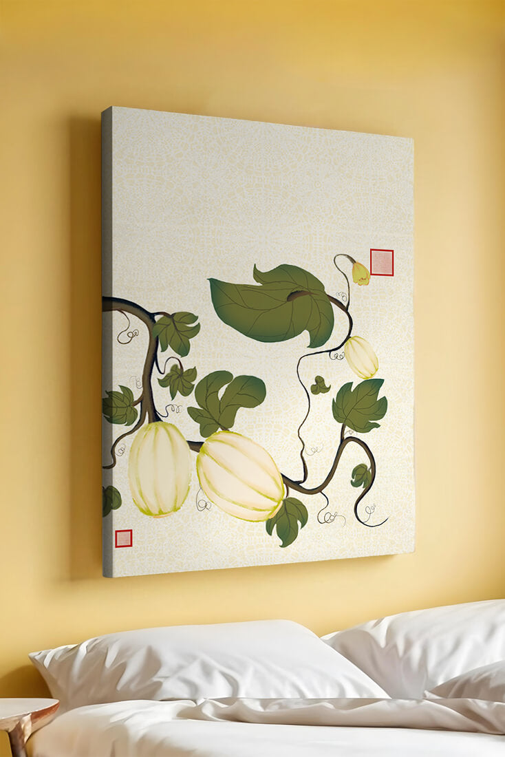 Illustration botanique élégante de melons et de vignes sur un fond texturé