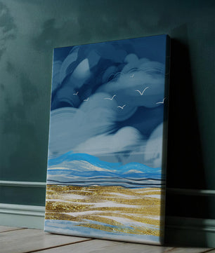 Dynamic Ocean Waves Under Cloudy Sky With Seagulls And Gold-Tinted Sand