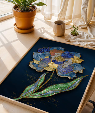 Diseño floral texturizado y colorido con contornos dorados sobre fondo oscuro
