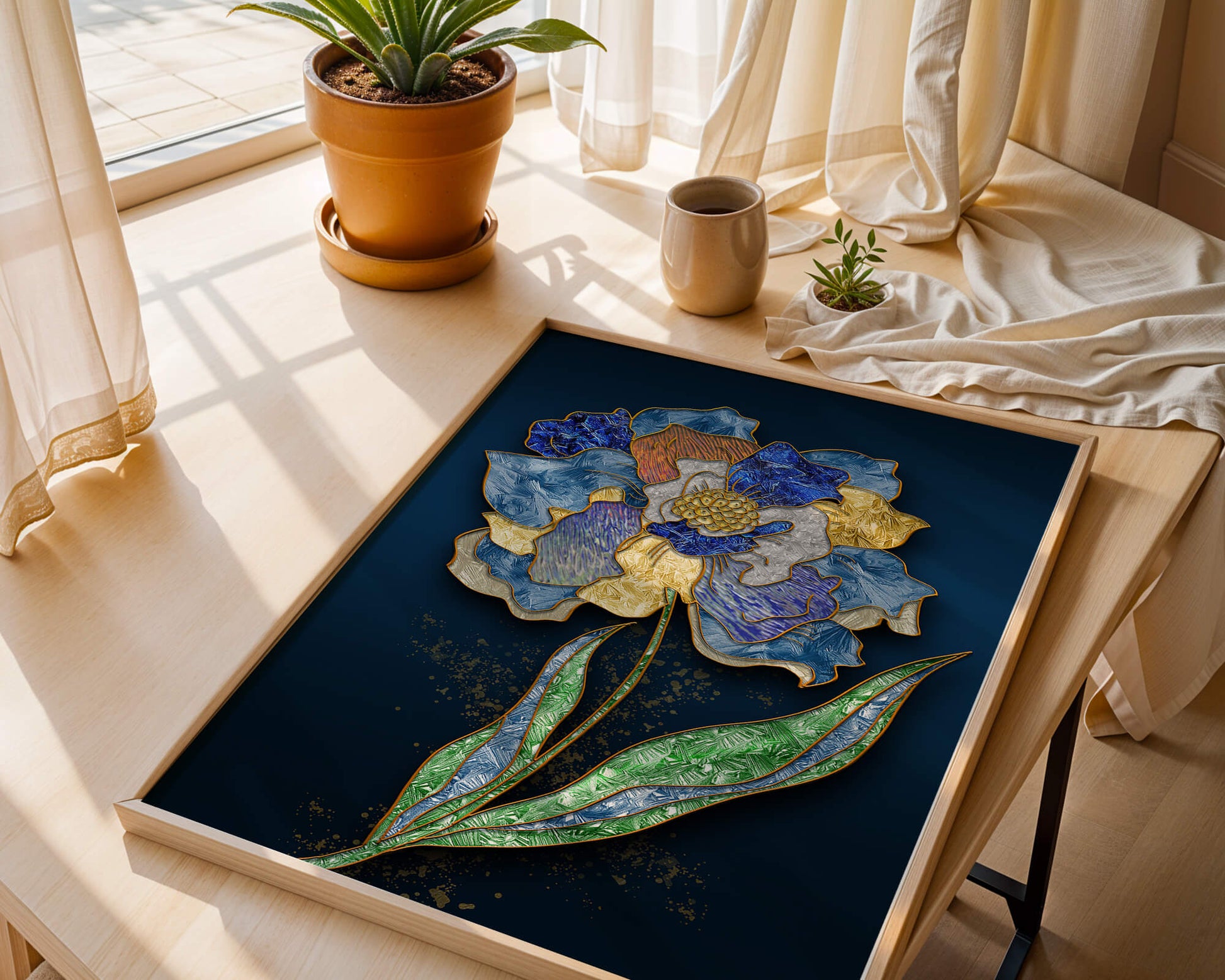 Diseño floral texturizado y colorido con contornos dorados sobre fondo oscuro