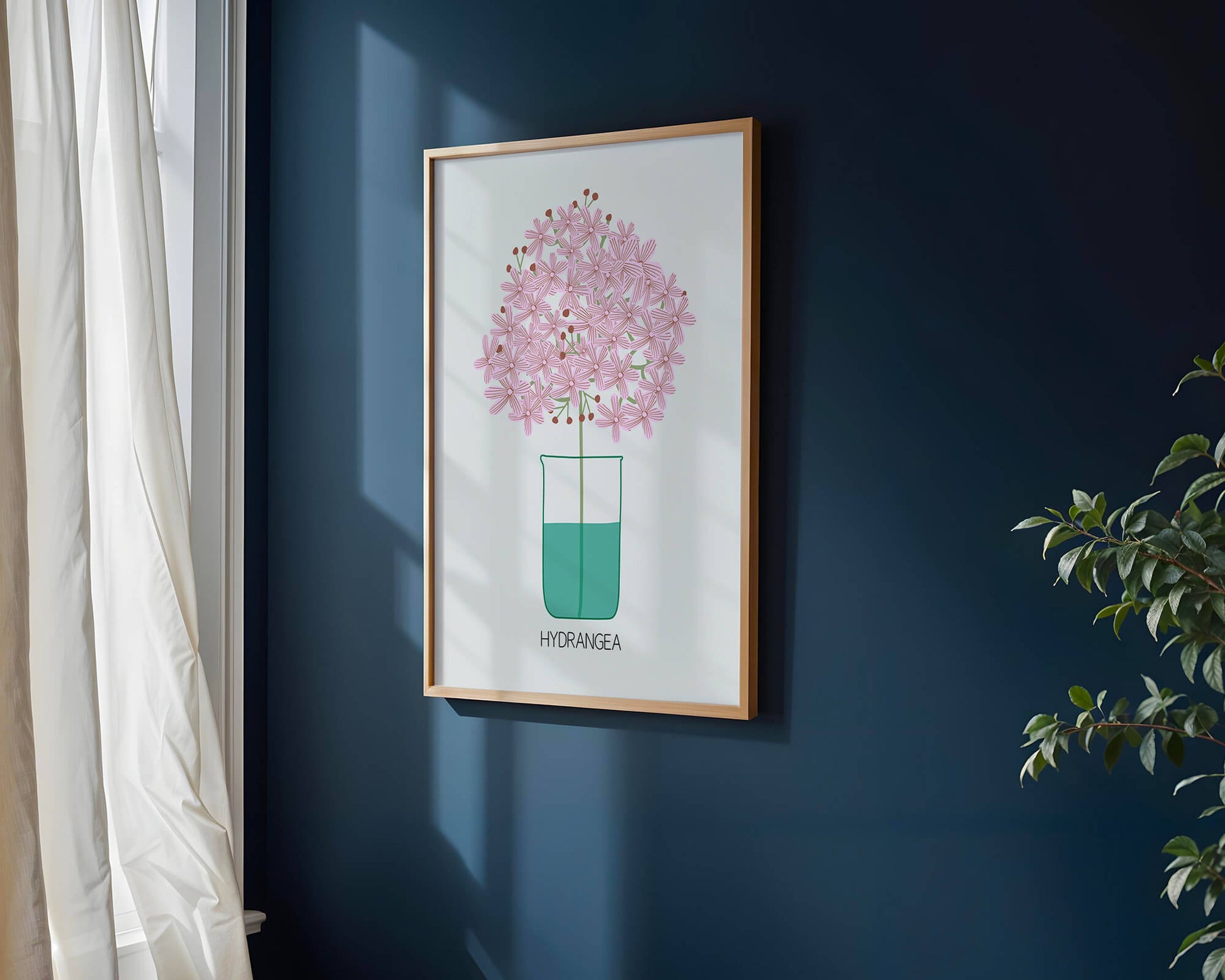 Illustration von Hortensienblüten in einer Vase mit eleganter Linienkunst