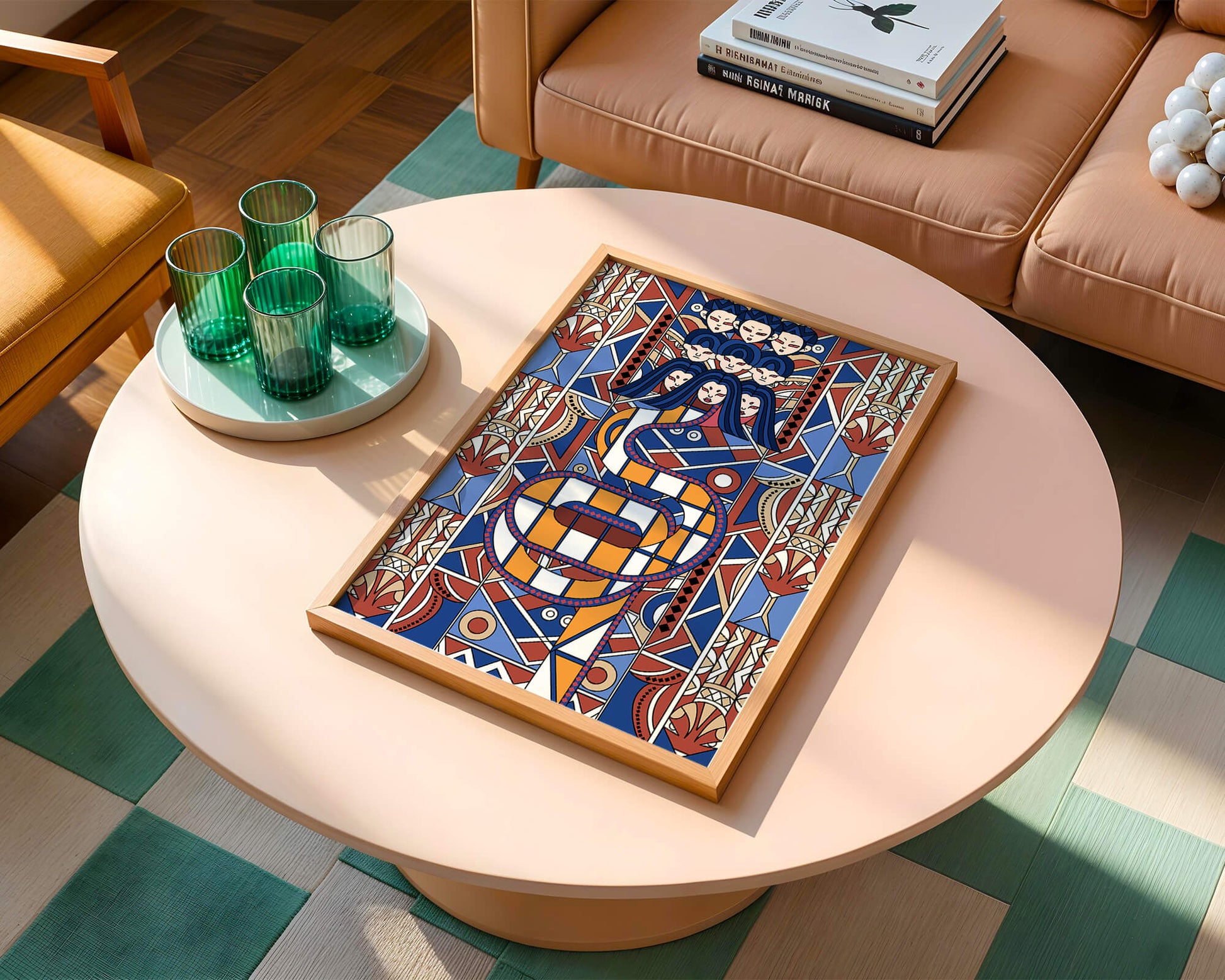 Patrón geométrico Art Decó con rostros y diseño simétrico