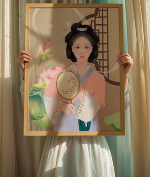 Elegant traditional Asian woman in pastel attire with floral background