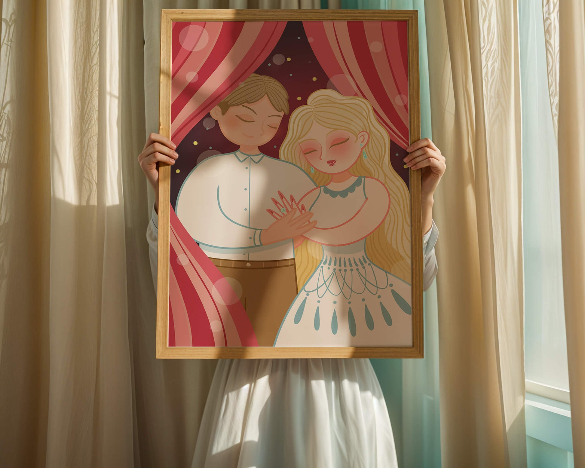 Romantic couple under red curtains with gentle embrace