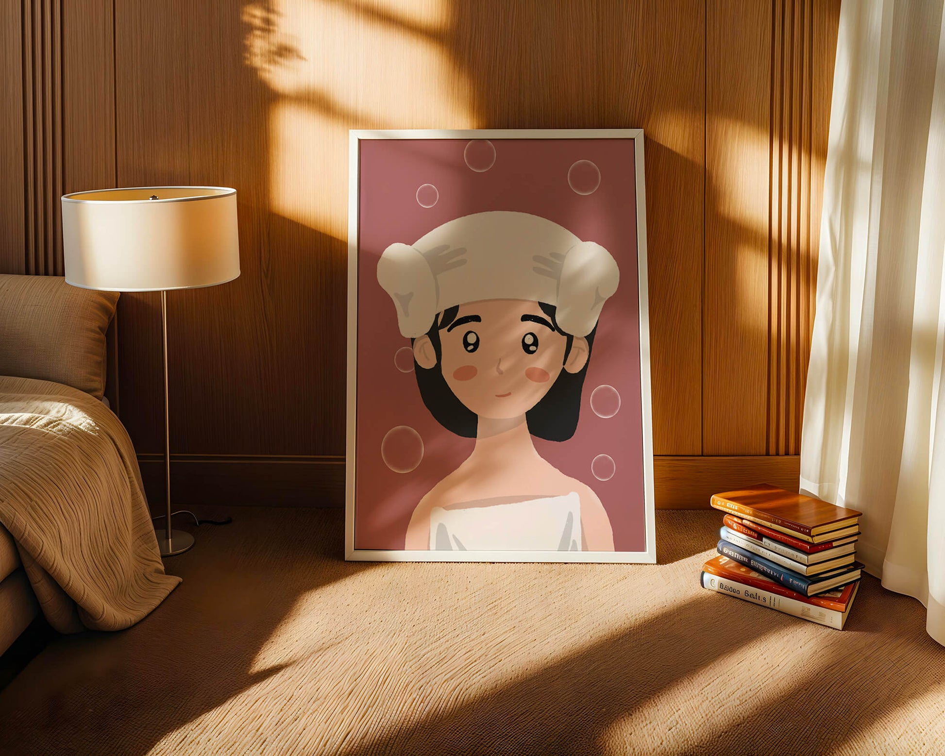Ilustración de una persona en una toalla con burbujas sobre un fondo rosa