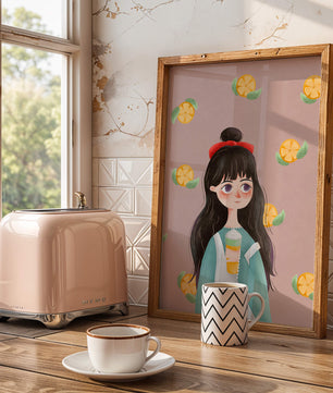 Illustration of a girl with a beverage surrounded by citrus slices