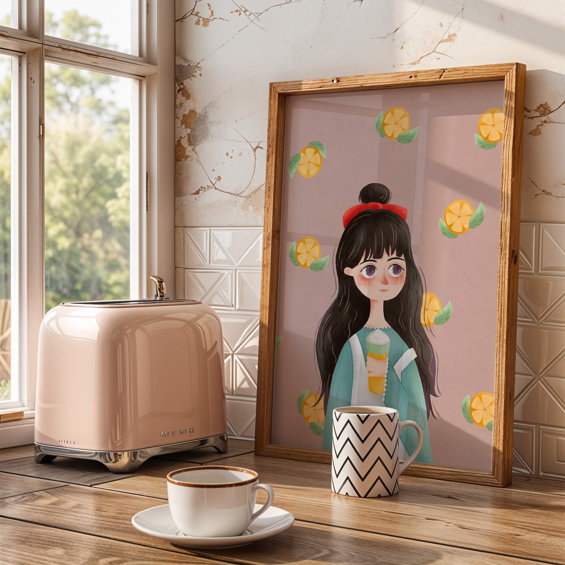Illustration of a girl with a beverage surrounded by citrus slices