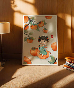 Illustration of a girl sitting on a persimmon surrounded by fruit and leaves