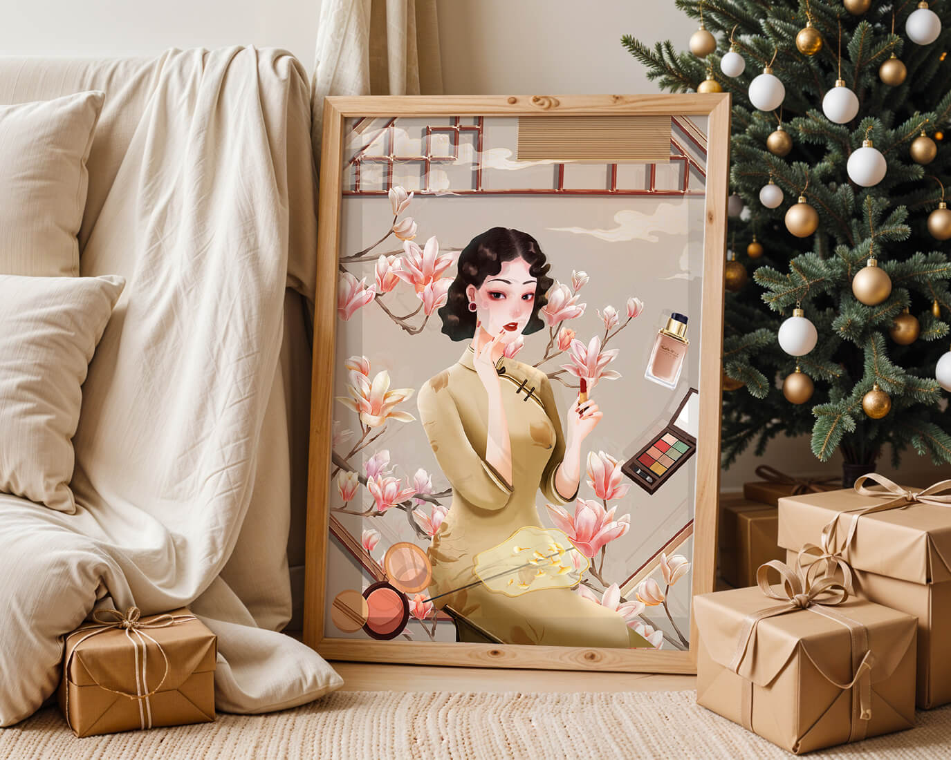 Elegant illustration of a woman with makeup and magnolia flowers