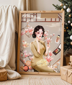 Elegant illustration of a woman with makeup and magnolia flowers