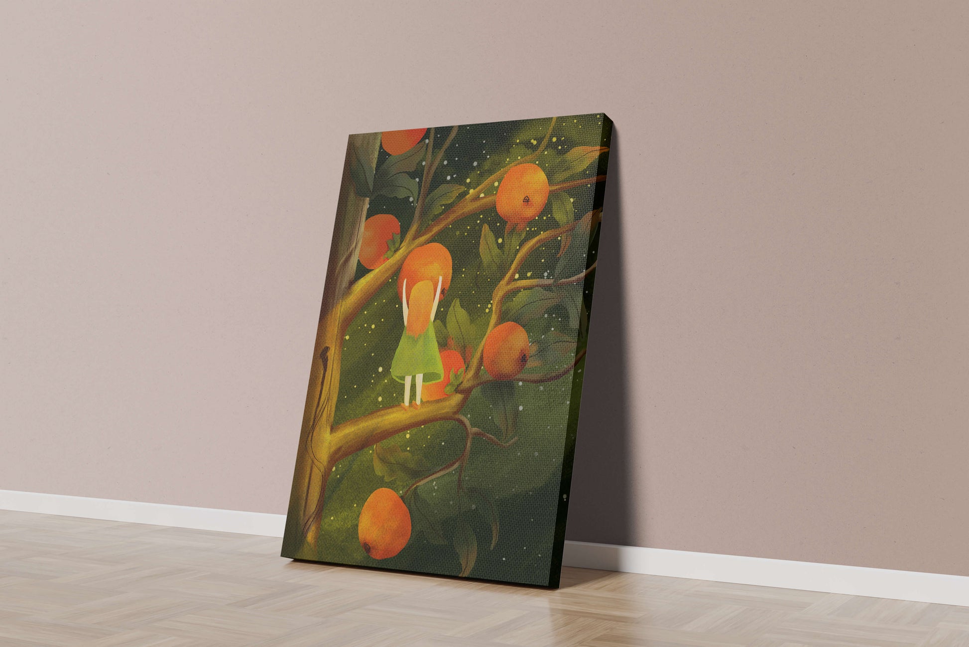 Little Girl Picking Oranges on a Starry Night