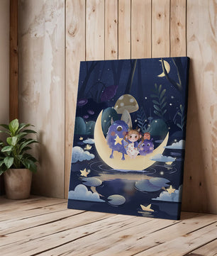 Escena nocturna onírica con un niño y monstruos amigables sobre una luna creciente