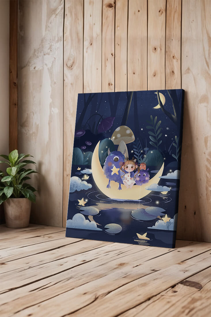 Dreamy night scene with a child and friendly monsters on a crescent moon