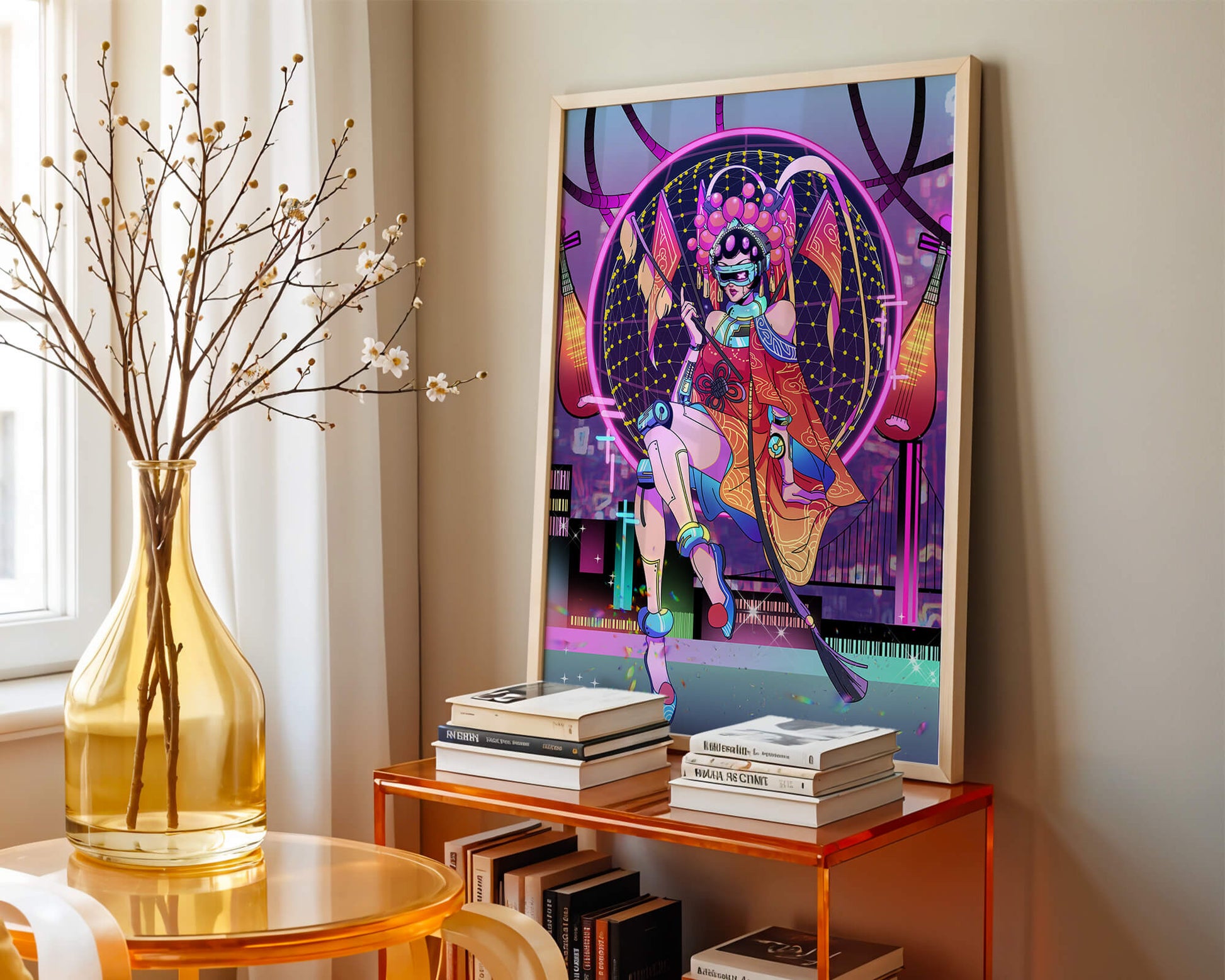 Futuristic geisha with neon lights and traditional elements