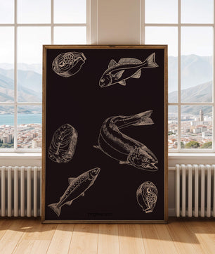 Ilustración detallada de elementos de pescado y mariscos sobre fondo oscuro