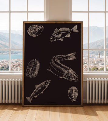 Detailed illustration of fish and seafood elements on dark background