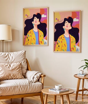 Ilustración colorida de una mujer en estilo artístico con fondo vibrante