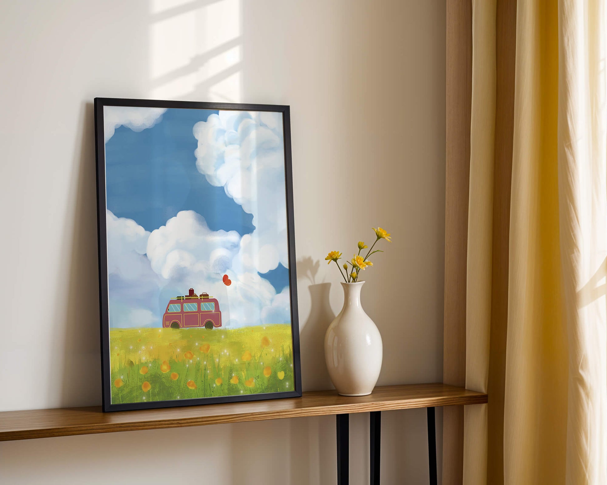 Colorful Van in a Vibrant Field with Balloons and Luggage