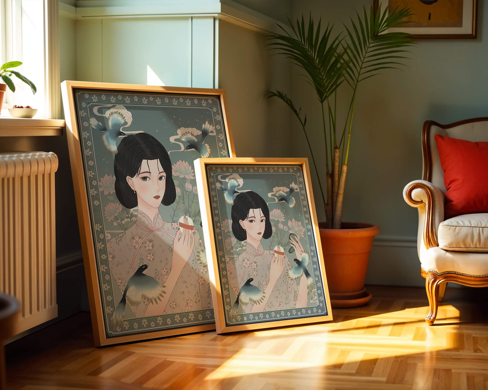 Elegant woman in floral kimono surrounded by birds and lotus flowers