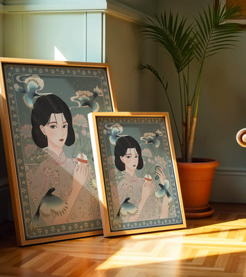 Elegant woman in floral kimono surrounded by birds and lotus flowers