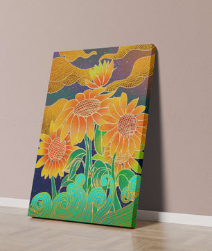 Vibrant sunflowers with intricate background patterns