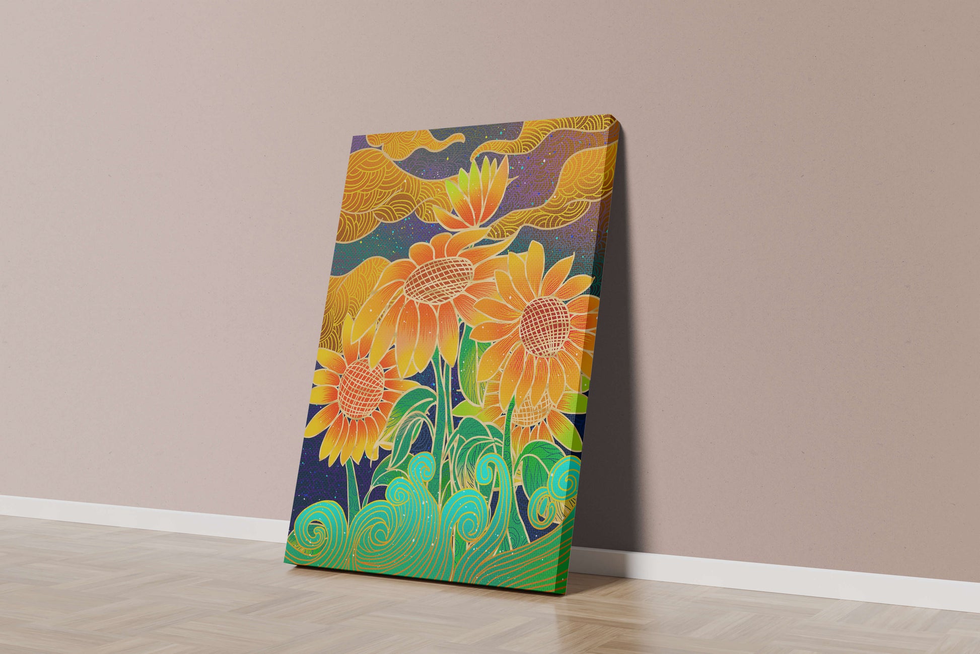 Vibrant sunflowers with intricate background patterns