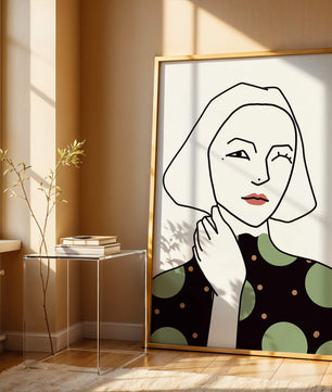 Modern Minimalist Portrait of a Winking Woman in Green Polka Dot Dress - Mi tienda