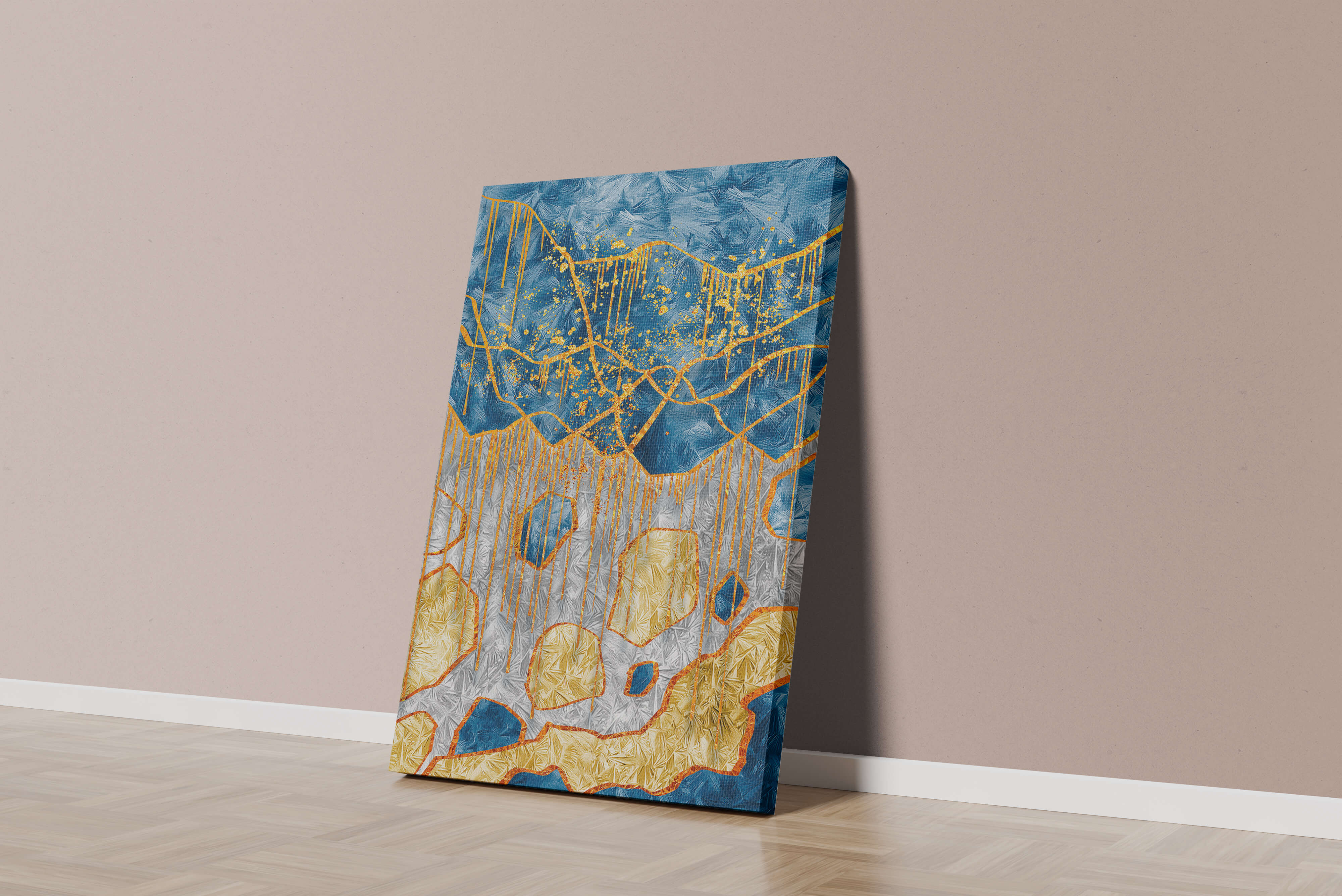 Abstract gold and blue textured art with dynamic splashes of color