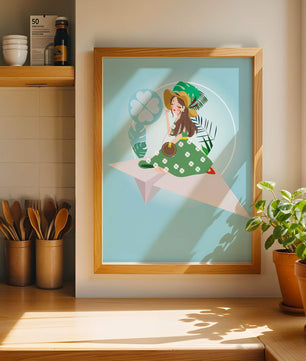 Mujer en un avión de papel con fondo de tema tropical