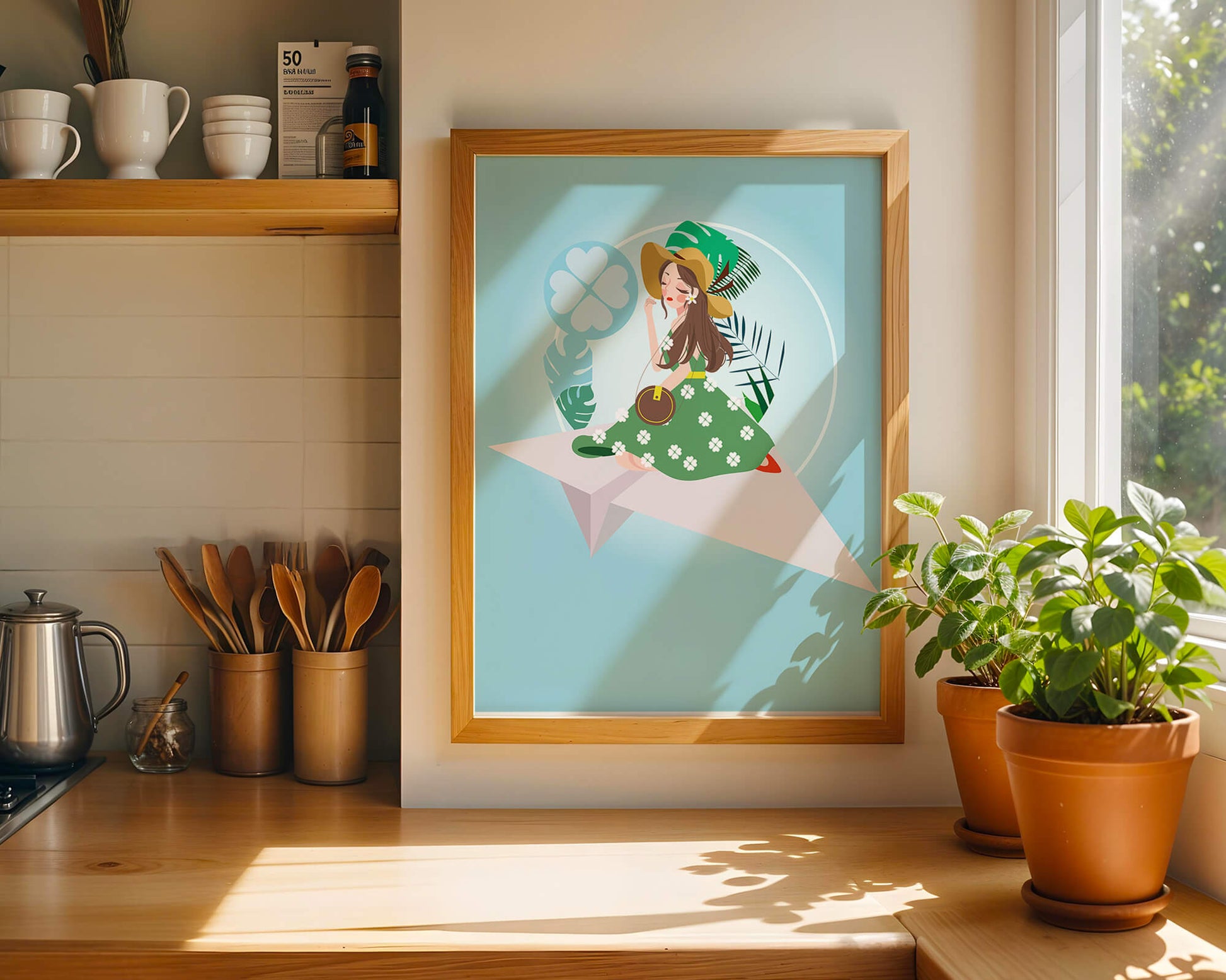Woman on paper plane with tropical theme background
