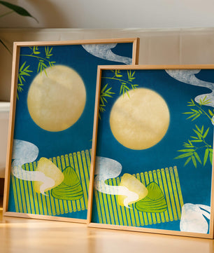 Moonlit night with bamboo and dumplings on a mat
