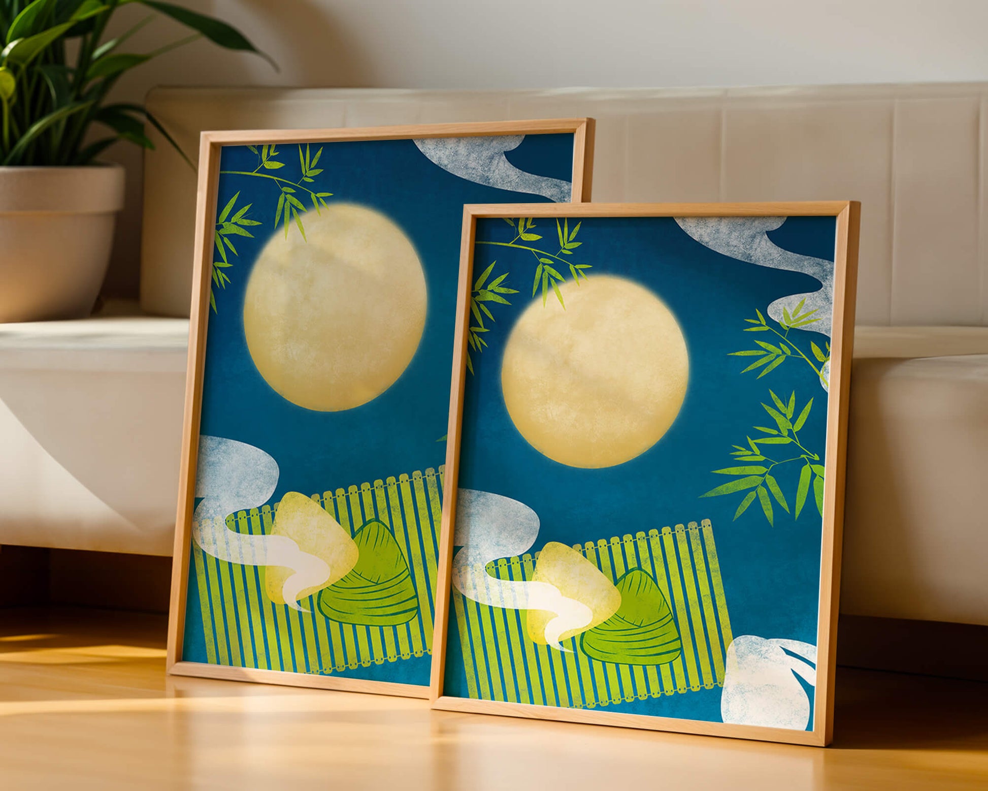 Moonlit night with bamboo and dumplings on a mat