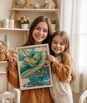 Colorful dragon and child illustration with vibrant waves and clouds
