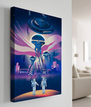 Futuristic Space City With Alien Creatures and Astronauts