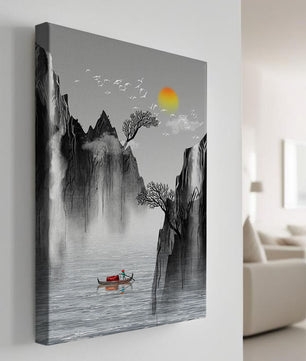 Paisaje sereno con montañas, río y un bote bajo el sol