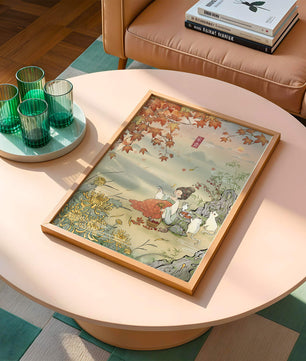 Traditional Chinese painting with autumn scenery and lady sipping tea
