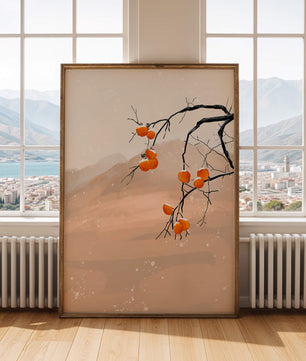 Branch with Persimmons and Snow in Minimalistic Landscape