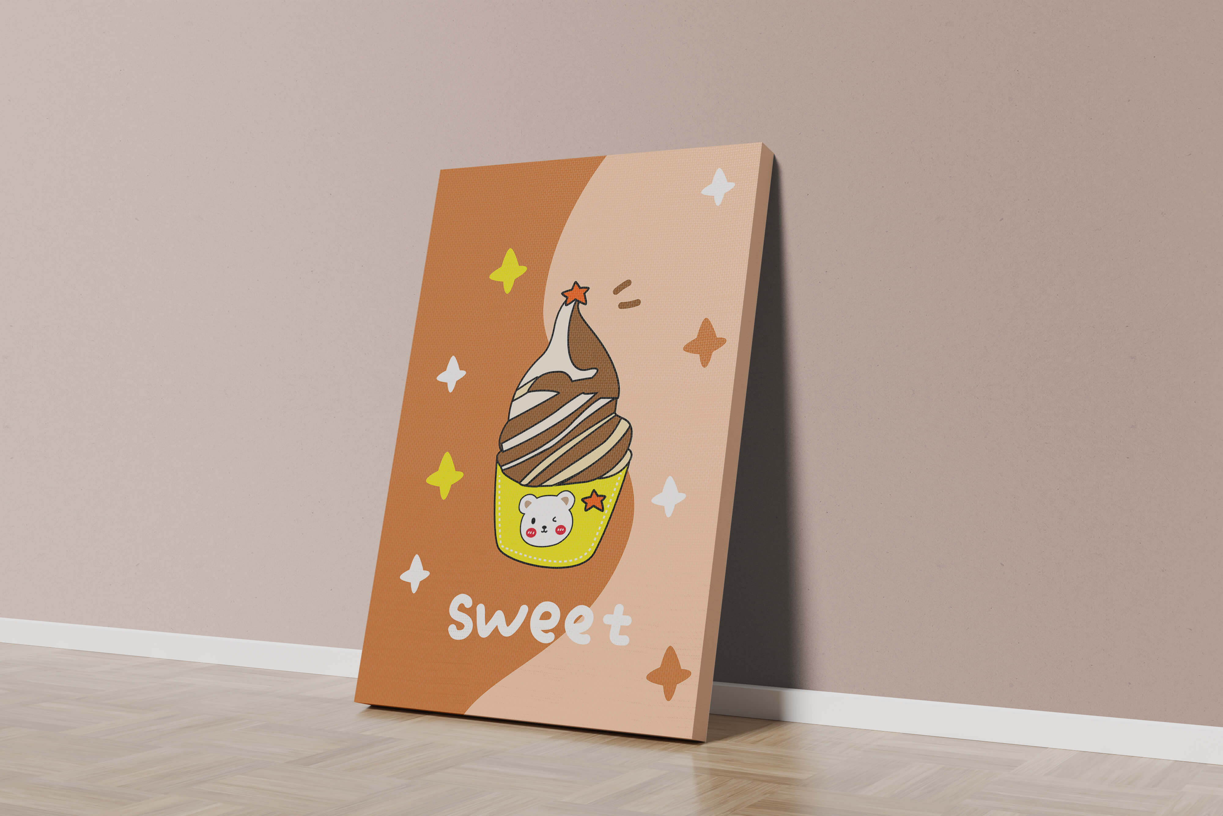 Adorable ice cream design with kawaii bear and colorful background