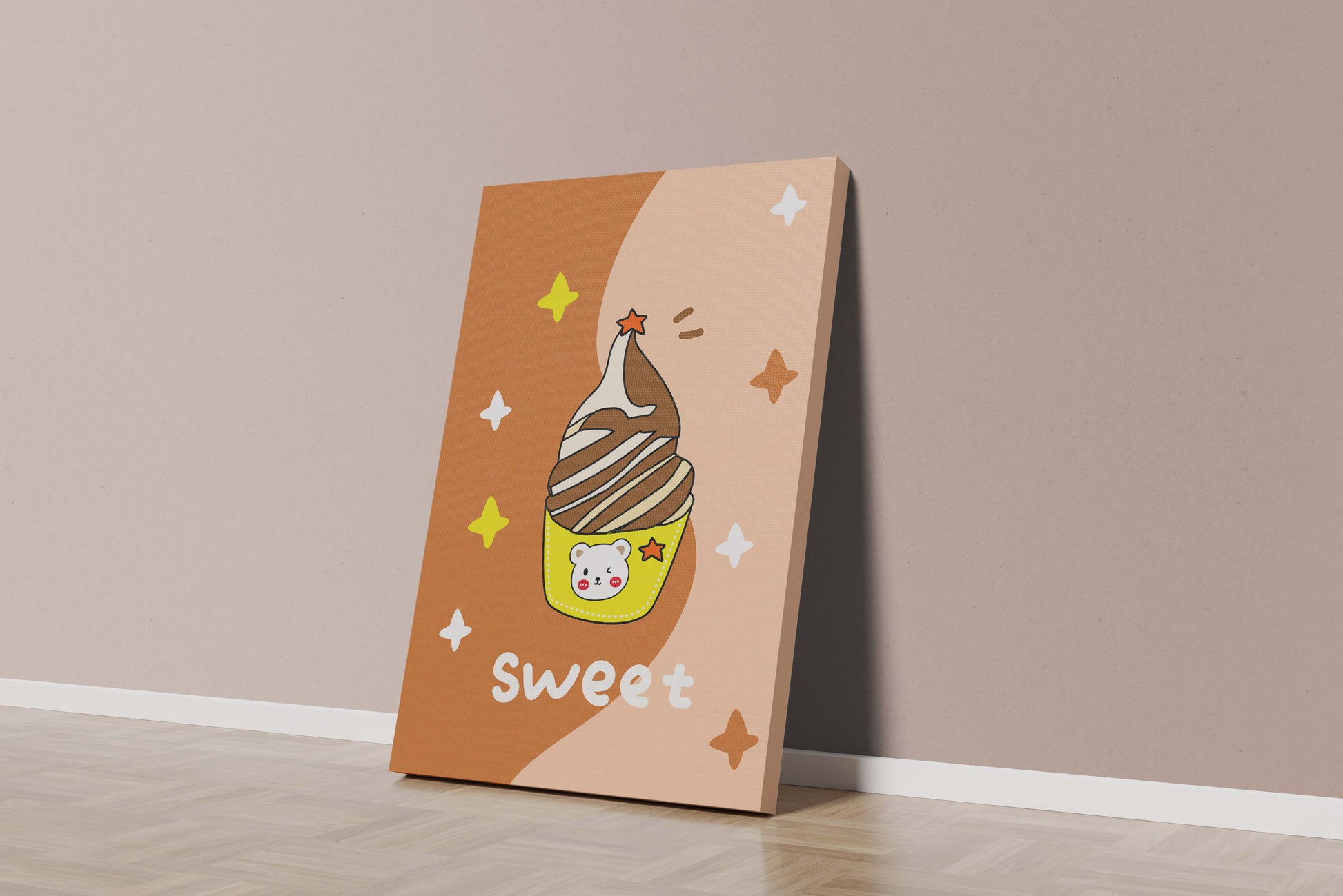 Adorable ice cream design with kawaii bear and colorful background