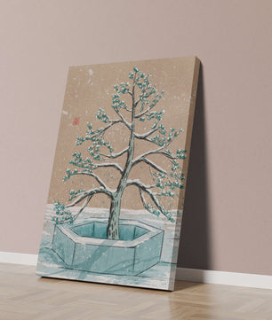 Paisaje invernal con ilustración de árbol bonsái cubierto de nieve
