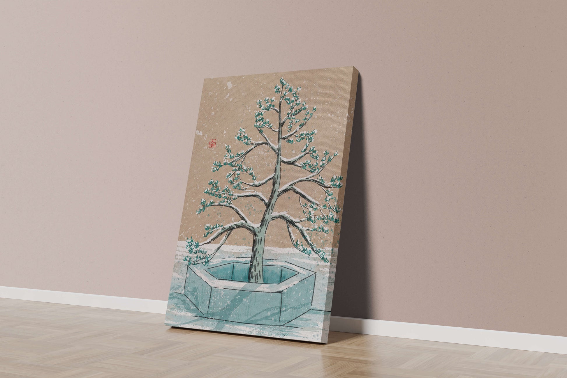 Paisaje invernal con ilustración de árbol bonsái cubierto de nieve