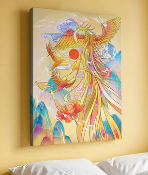 Colorful phoenix soaring in a dreamlike sky with vibrant flowers and mountains