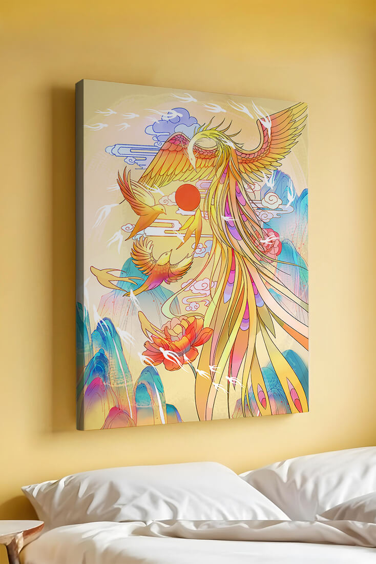 Colorful phoenix soaring in a dreamlike sky with vibrant flowers and mountains